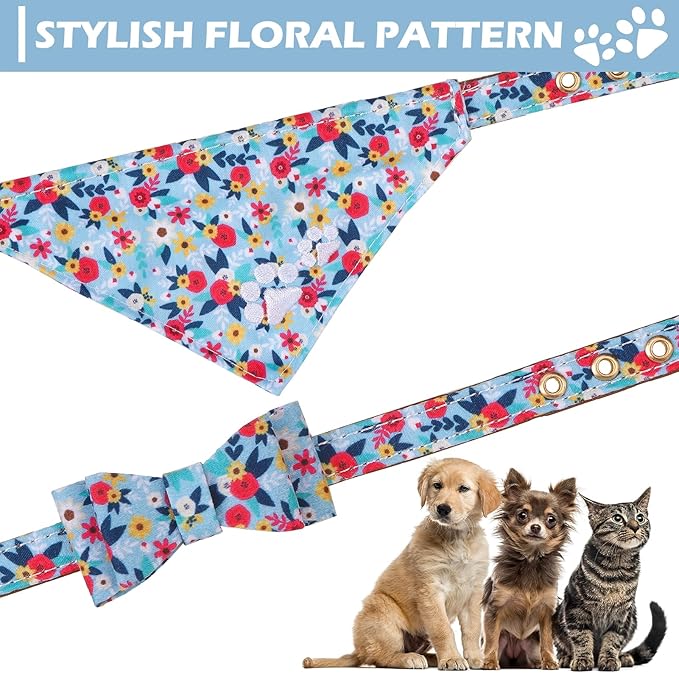 EXPAWLORER Puppy Collar and Leash Set - Embroidery Floral With Cute Flower Bow Tie, Bandana and Bell for Dogs Cats Outdoor Walking, Blue S