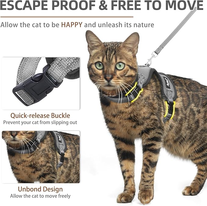 PUPTECK Cat Harness and Leash Set Escape Proof, Reflective Adjustable Soft Mesh Kitten Vest Harness for Walking Travel, Grey, M