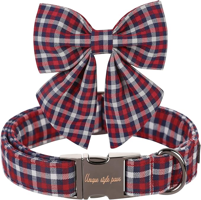 Unique style paws Christmas Dog Collar with Bow Tie Red Blue Plaid Puppy Collar for Small Medium Large Dogs as Holiday Autumn Winter Gifts-L