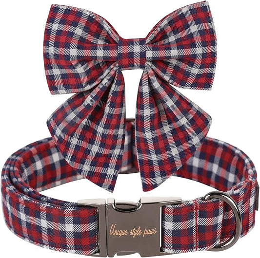 Unique style paws Christmas Dog Collar with Bow Tie Red Blue Plaid Puppy Collar for Small Medium Large Dogs as Holiday Autumn Winter Gifts-L