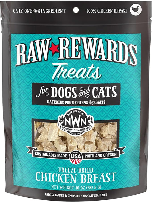 Northwest Naturals Raw Rewards Freeze-Dried Chicken Breast Treats for Dogs and Cats - Bite-Sized Pieces - Healthy, 1 Ingredient, Human Grade Pet Food, All Natural, Proudly Made in USA, 10 Oz