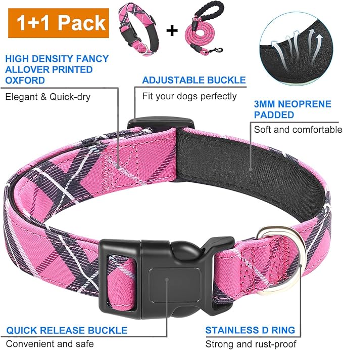 Nylon Dog Collar Soft Neoprene Padded Adjustable Dog Collars for Small Medium Large Dogs (XS Neck 9"-12", Pink)