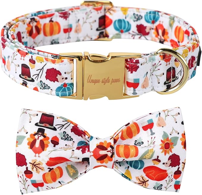 Unique Style Paws Cotton Thanksgiving Dog Collar with Bow Halloween Pumpkin Plaid Dog Collar with Bow Tie for Small Medium Large Dogs Pets Gifts