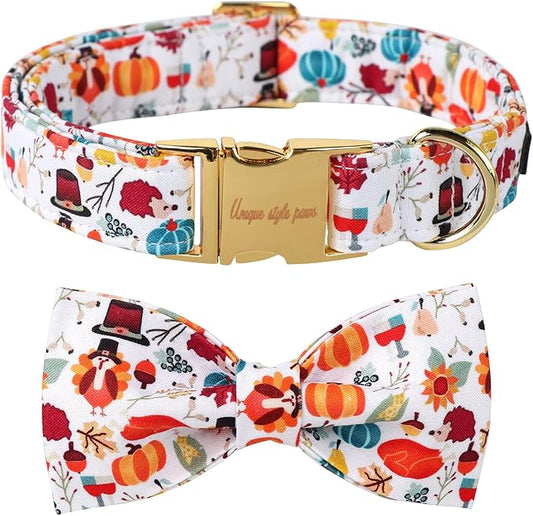 Unique Style Paws Cotton Thanksgiving Dog Collar with Bow Halloween Pumpkin Plaid Dog Collar with Bow Tie for Small Medium Large Dogs Pets Gifts