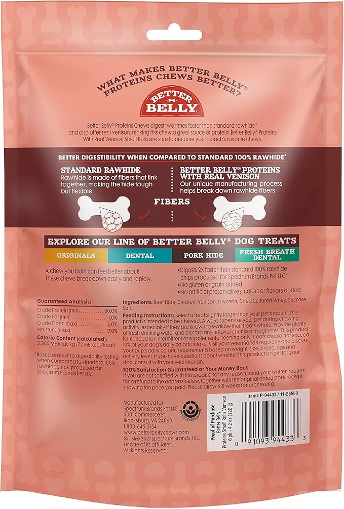 Better Belly Proteins with Real Venison Small Rolls 6 Count, Digestible Rawhide for Dogs, 4.2 OZ