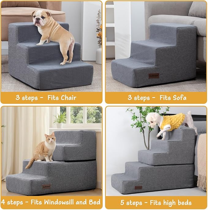 5-Step Dog Stairs for High Beds, Non-Slip Pet Steps for Small Dogs & Cats, Grey Linen, 22.6" H