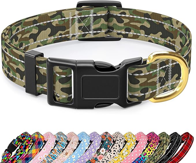 MOODEL Reflective Dog Collar for Small Dogs Cats, Cute Camouflage Adjustable Heavy-Duty Nylon Puppy Collar for Boy and Girl Female, Soft Pet Accessories with Quick Release Buckle, Green