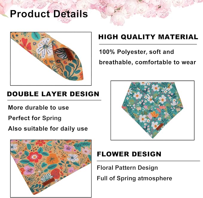 ADOGGYGO Floral Dog Bandana, Orange Green Flower Pet Scarf, Adjustable Fit Floral Bandanas for Medium Large Dogs Pets (Large)
