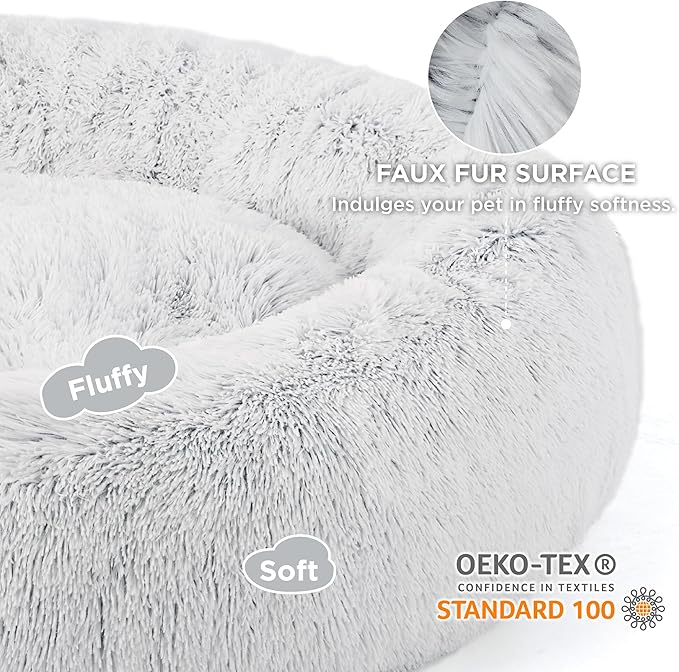 Bedsure Calming Dog Bed for Large Dogs - Donut Washable Large Pet Bed, 36 inches Anti-Slip Round Fluffy Plush Faux Fur Dog Bed, Fits up to 100 lbs Pets, Frost Grey