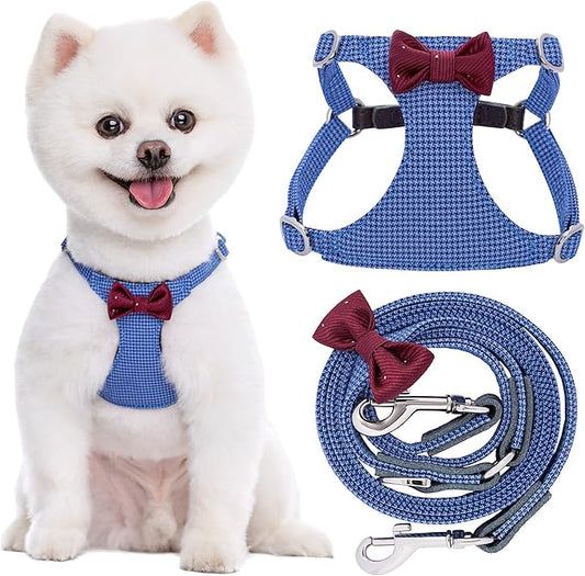 Puppytie No Pull xs Dog Harness with Multifunction Dog Leash,Soft Adjustable No Choke Escape Proof Pet Harness Vest,Plaid Blue,xs