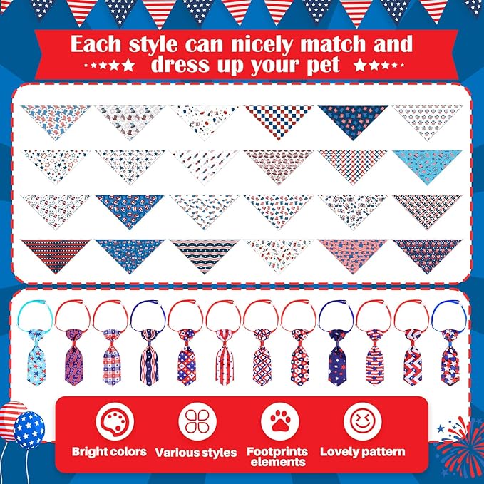 72 Pcs Dog Bandanas Tie Set 4th of July Independence Patriotic Bulks Pet Scarves with American Flag Pattern Adjustable Cute Dog Triangle Scarfs Neck Tie for Holiday Birthday Accessories