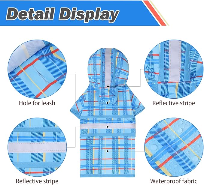 KOOLTAIL Dog Raincoat Hooded Slicker Poncho with Leash Hole, Raincoat for Small Medium Dogs, Waterproof Doggie Rain Jacket with Reflective Strip, Adjustable Breathable Plaid Puppy Rainwear-Blue