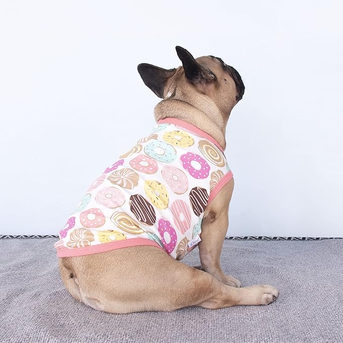 iChoue 100% Breathable Cotton French Bulldog Halloween Cartoon T Shirts Cute Clothes for Dogs Vest Tank Tops Puppy Frenchie Pug Small Puppy English Boston Terrier Donuts - Medium
