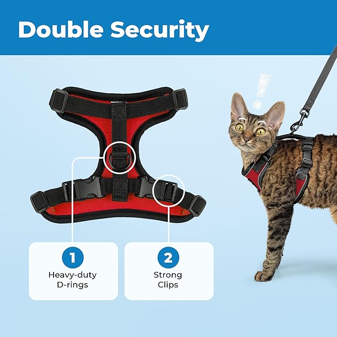 Voyager Escape Proof Cat Harness and Leash Set with Reflective Stitching, Neoprene Handle 5ft - Supports Small, Medium and Large Cats, Kittens for Walking by Best Pet Supplies - Black Trim-Red, XXXS