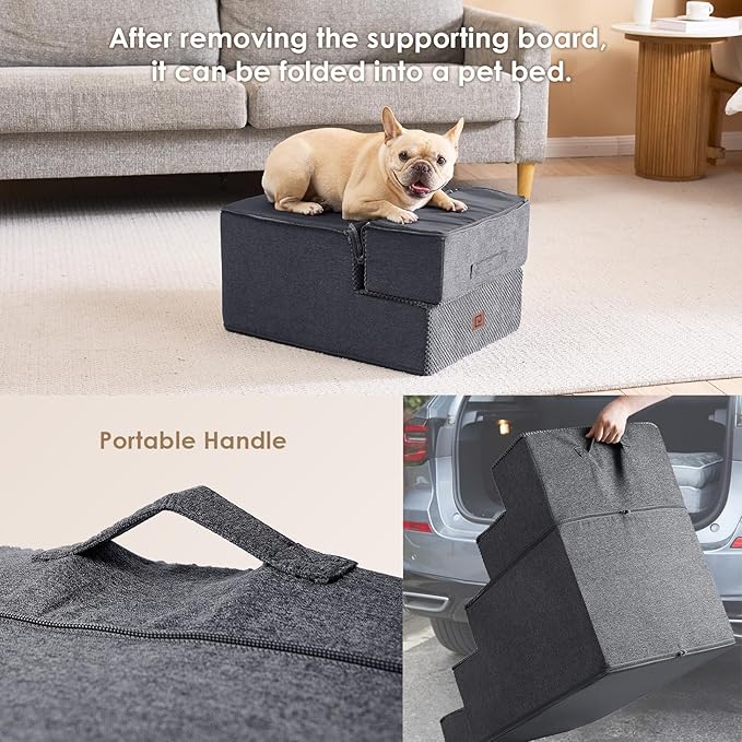 EHEYCIGA Dog Stairs for Small Dogs 16.5”H, 3-Step Extra Wide Dog Steps for Couch Sofa and Chair, Pet Steps for Small Dogs and Cats, Non-Slip Balanced Pet Ramp, Grey