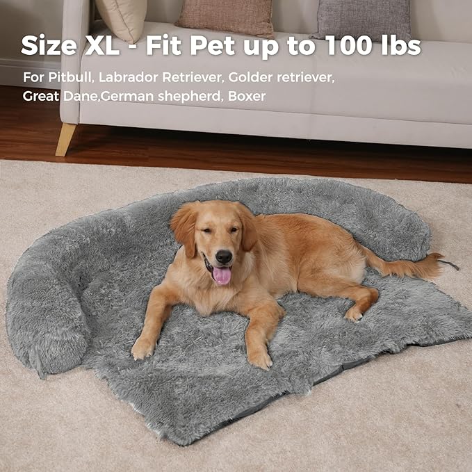 Calming Dog Bed for Large Sized Dog, Dog Couch Cover Washable- Fluffy Plush Dog Mat for Furniture Protector for Dogs Up to 100 Lbs, Light Grey