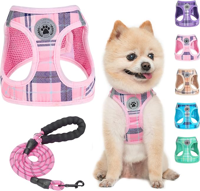 BEAUTYZOO Small Dog Harness and Leash Set,Step in No Choke No Pull Soft Mesh Dog Harnesses Reflective for Extra-Small/Small Medium Puppy Dogs and Cats, Plaid Dog Vest Harness for XS S Pets, Pink XXS