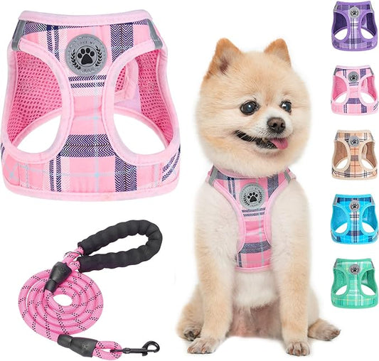 BEAUTYZOO Small Dog Harness and Leash Set,Step in No Choke No Pull Soft Mesh Dog Harnesses Reflective for Extra-Small/Small Medium Puppy Dogs and Cats, Plaid Dog Vest Harness for XS S Pets, Pink XXS