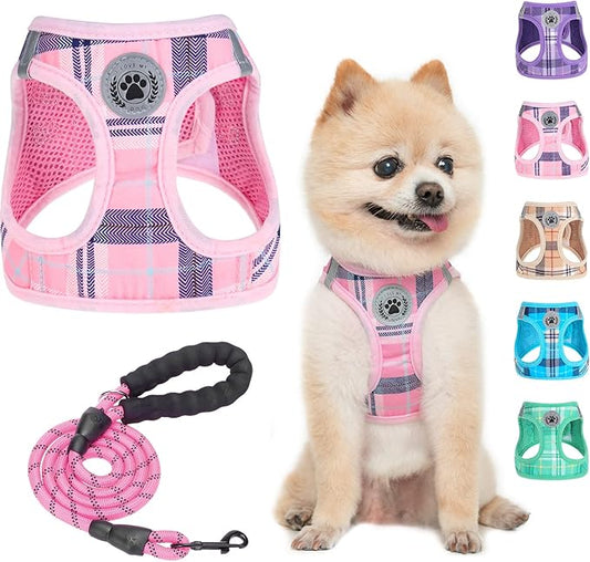 BEAUTYZOO Small Dog Harness and Leash Set,Step in No Choke No Pull Soft Mesh Dog Harnesses Reflective for Extra-Small Medium Puppy Dogs and Cats, Plaid Dog Vest Harness for XS S Pets, Pink S