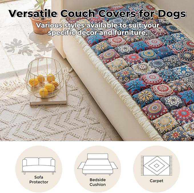 FUNNY FUZZY Pet Couch Covers for Sofa, Couch Covers for Dogs Washable Dog Couch Cover Protector Furniture Sofa Covers for Dog Handmade Pure Cotton Pet Bed Mat (Morocco Blue, 27.6"×70.9")