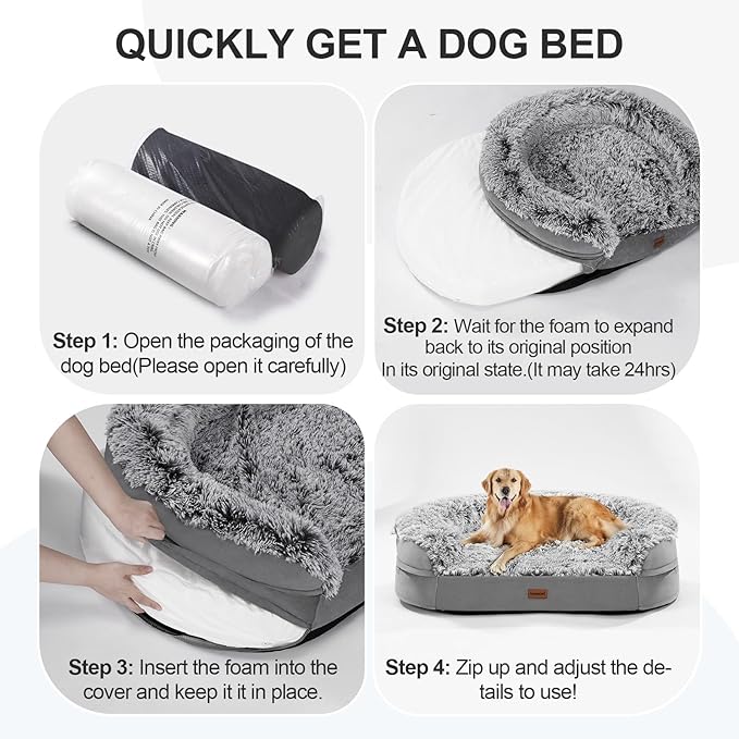3.7 inch Thickened Orthopedic Dog Beds for Large Dogs,Supportive Dog Sofa Bed with 28D Egg-Crate Foam, Removable Washable Plush Cover, Waterproof Lining, Half-Round Design for Puppy, Senior Dog