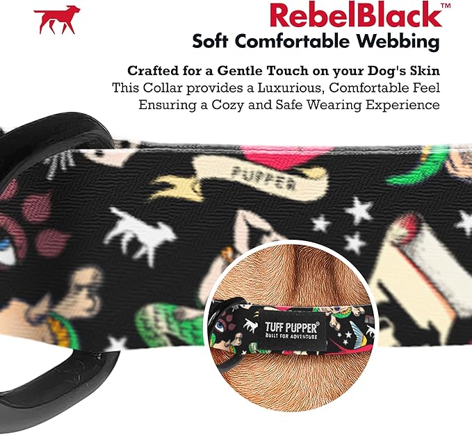 Tuff Pupper Premium Adjustable Dog Collar for Medium Boy Dogs, Stylish Pattern Collars Designed in USA, Quick Release Buckle, RebelBlack Print for Male Dogs, Medium (1 Inch Wide x 13-18 Inch Neck)