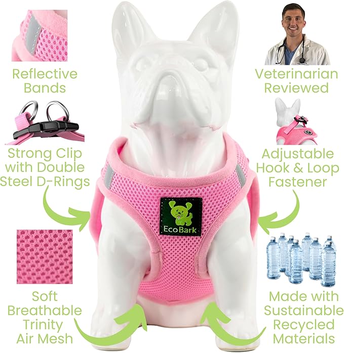EcoBark Teacup Dog Harness - Step in Dog Harness, Eco Dog Harnesses for XXS, XS, and Small Dogs - Reflective and Adjustable Mini Body Halter Vest - Tiny Soft Mesh Toy Breed Harness (Baby Pink, XXXS)