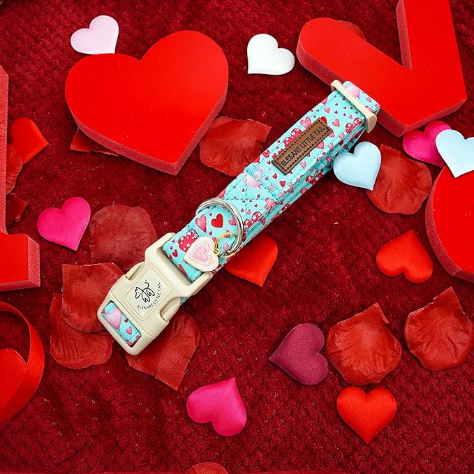 Elegant little tail Dog Collar, Pink Heart Dog Collar for Small Dogs, Female or Male Adjustable Cotton Pet Collar with Quick Release Buckle for Small Medium Large Dogs