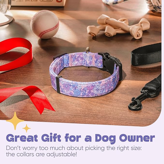 Dog Collar for Medium & Large Dogs - Flowers Cotton Padded Pattern on Long Lasting, Adjustable, Strong and Durable Collars - Choose from Stunning Patterns and Colors