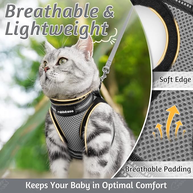 rabbitgoo Cat Harness and Leash Set for Walking Escape Proof, Adjustable Soft Kittens Vest with Reflective Strip for Cats, Comfortable Outdoor Vest, Grey, L