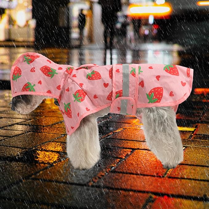 KOOLTAIL Dog Raincoat Hooded Slicker Poncho with Leash Hole, Waterproof Dog Rain Jacket, Reflective Strip, Adjustable Breathable Puppy Rainwear - Strawberry M