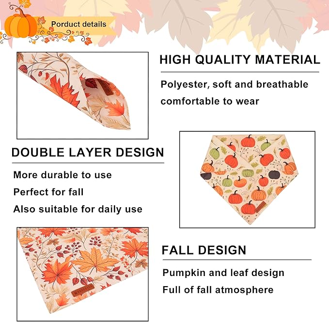 ADOGGYGO Fall Dog Bandana, Pumpkin Maple Leaf Autumn Thanksgiving Pet Scarf, Adjustable Fit Fall Bandanas for X-Large Dogs Pets (X-Large)