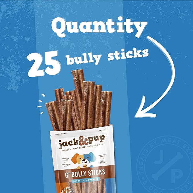 Jack&Pup 6-inch Bully Sticks for Medium Dogs (25 Pack) All Natural Beef Pizzle, Long Lasting Dog Treats, Odor Free