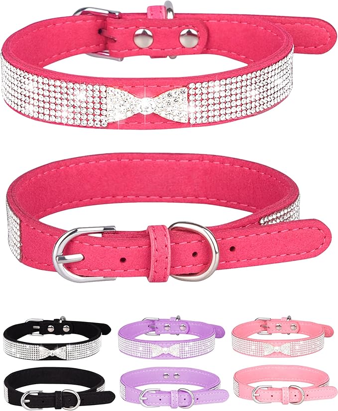 Dog Collar for Small Dogs, Adjustable Leather Suede Bling Dog Collars，Pink Dog Collar Cat Collar, Rhinestone Dog Collar (S, Rose red4)
