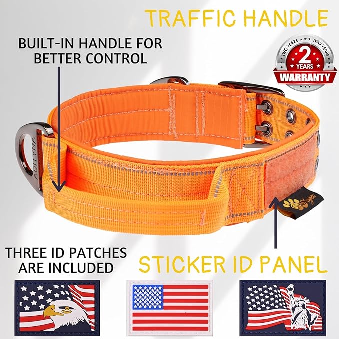 ADITYNA Heavy Duty Dog Collar for Medium Dogs - Reflective Orange Collar with Handle for Training, and Walking - Wide, Thick, Tactical, Soft Neoprene Padded