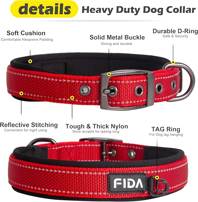 Fida Heavy Duty Dog Collar, Ultra Comfortable Soft Neoprene Padded, Adjustable Reflective Nylon Pet Collar with Durable Metal Belt Buckle for Large Breeds (L, Red)