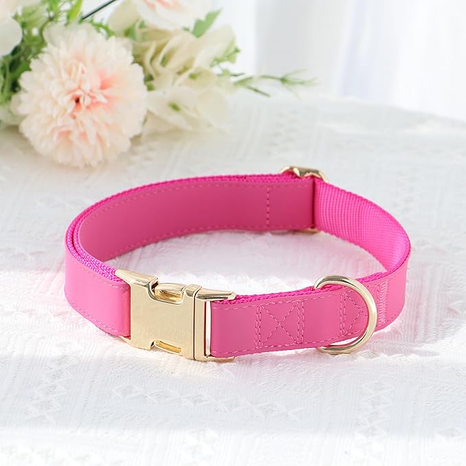 PET ARTIST Soft Leather Dog Collar, Bright & Stylish Hot Pink Dog Collar Girl, Durable & Heavy Duty Nylon Pet Collar with Quick Release Metal Buckle Adjustable for Medium Dogs, Neck Fit 13-19"