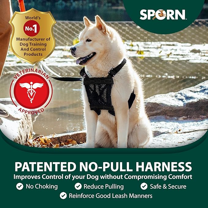 Sporn Large/XL No Pull Dog Harness for Large Dogs - Black Mesh Body, Durable Nylon, Breathable, Easy to Put On, No Choke, Padded, Adjustable, XL Dog Harness for Extra Large Breeds