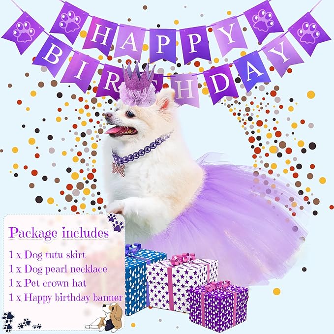 4-Piece Dog Birthday Outfit: Pet Tutu Skirt, Puppy Pearl Necklace, Cat Crown Hat, and Happy Birthday Banner for Pet Party Supplies