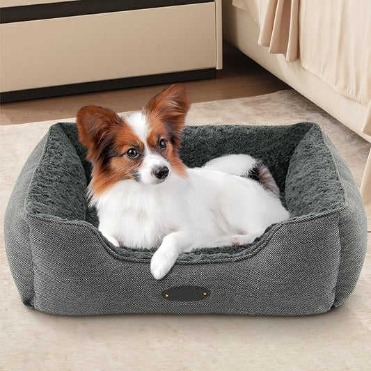 Extra Small Dog & Cat Bed - Deluxe Plush, Comfy & Durable, Washable Rectangular, Non-Slip Bottom, Size 19"X16" Gray