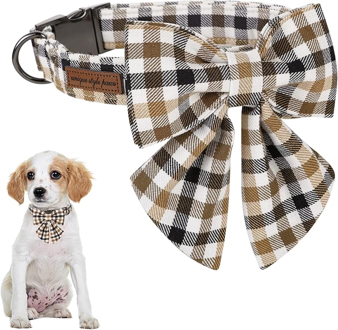 Unique style paws Christmas Dog Collar with Bow Tie Brown Plaid Puppy Collar for Small Medium Large Dogs as Autumn Winter Pet Gifts-S