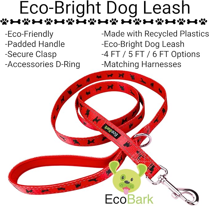 EcoBark Dog Leash - Soft & Reflective Comfort Training Leashes with Padded Handle - Strong Durable Heavy Duty - Training and Pulling for Small, Medium or Large Dogs (Red)