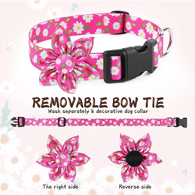 Daisy Pink Dog Collar Cute Dog Collars with Flower Bow for Small Medium Large Dogs Hot Pink Floral Colored Options Soft and Fancy Pet Collars for Girls Flower Pattern for Girl Dog Collar