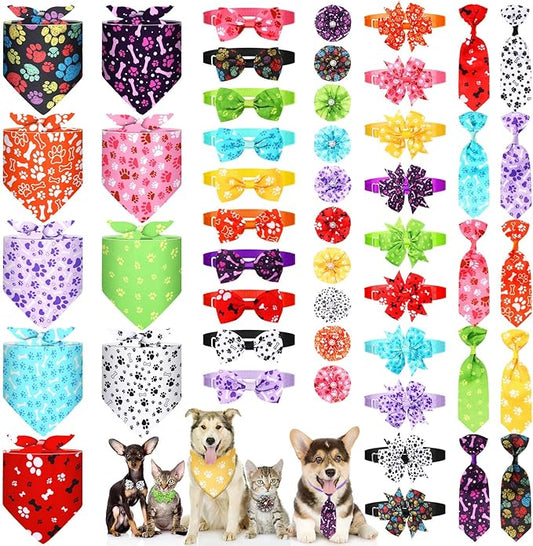 Hosuly 50 Pcs Funny Dog Bandana Collar Set Include 10 Bow Tie 10 Necktie Collar 10 Pet Scarf 10 Bow Flowers 10 Hexagonal Bowtie Cat Dog Grooming Accessories for Festival Photography(Paw Bone)