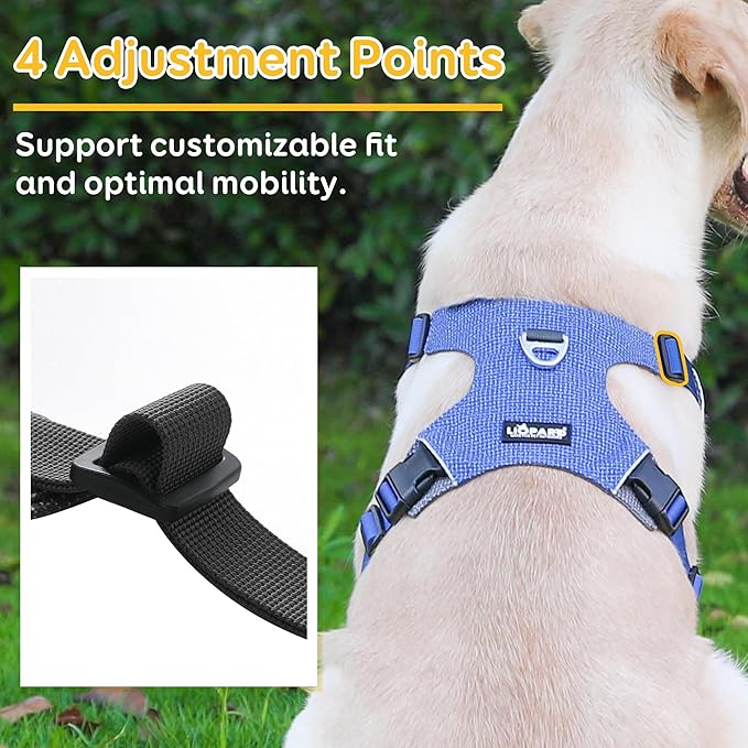 Dog Harness, Easy Walk Pet Harness No Pull with 2 Leash Clips, Reflective Running Soft Padded Adjustable Puppy Vest, Heavy Duty Seatbelt Harness for Car for Medium Large Dogs (Blue, M)
