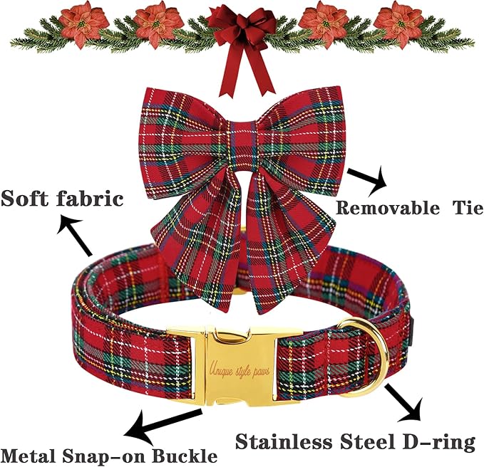 Unique style paws Christmas Dog Collar with Bow Tie Scottish Plaid Puppy Collar for Small Medium Large Dogs as Holiday Autumn Winter Gifts-L