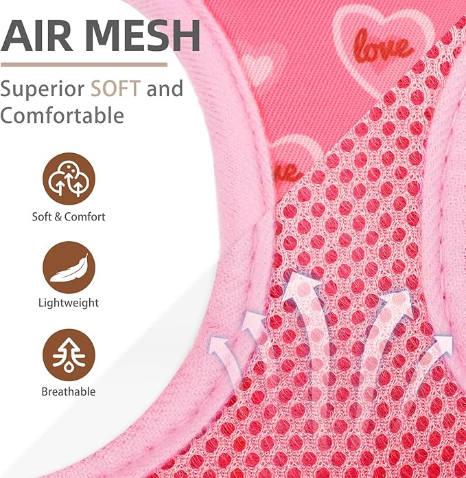 PUPTECK Dog Harness and Leash Set for Small Medium Dogs No Pull Step-in Soft Mesh Puppy Cat Vest Harnesses Reflective at Night Valentine, Light Pink, S