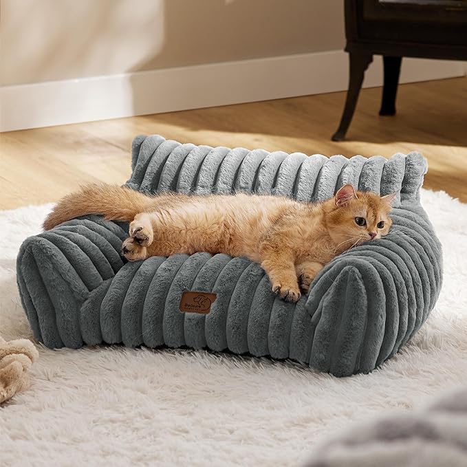 Bedsure Cute Couch for Pets - Fluffy Cat Sofa with Premium Soft Corduroy Fleece, Fuzzy Couch Bed with Removable Washable Cover, Supportive Cat Chair, 24inch, Warm Grey