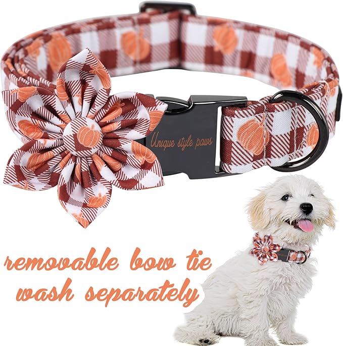 Unique Style Paws Cotton Dog Collar with Bow Halloween Pumpkin Plaid Dog Collar with Bow Tie for Small Medium Large Dogs Pets Gifts