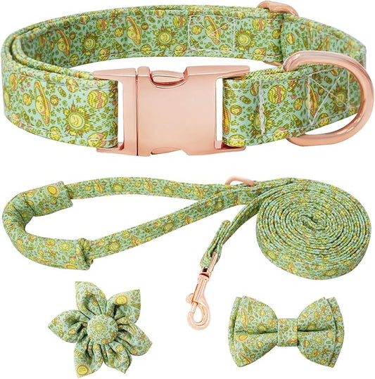 Dog Collar and Leash Set Girls Adjustable Puppy Collars with Planet Bow Tie for Small Medium Large Female Dogs, Green Planet, XS